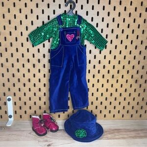 18 inch doll outfit set- blue overalls, green metallic shirt with pink boots